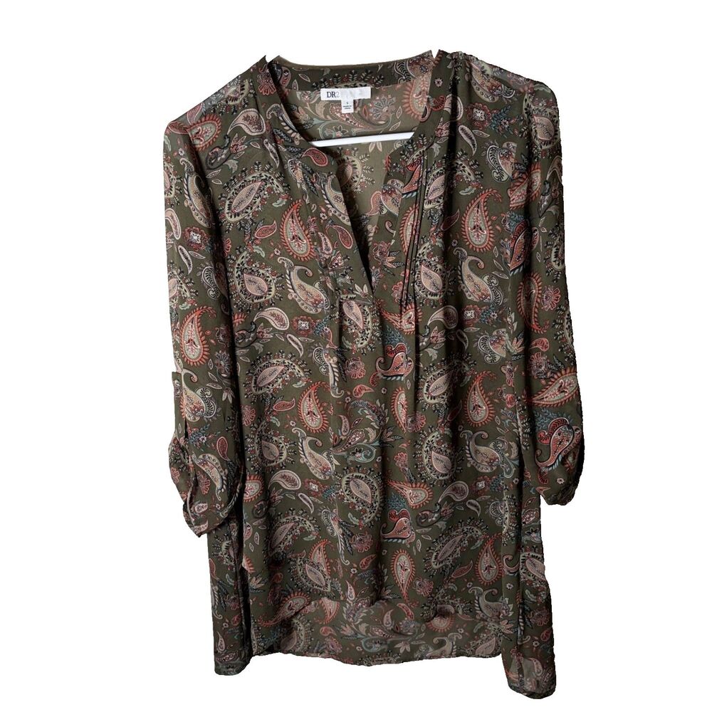 Dr2 Blouse Women's Small Green Floral Pleated V-Neck 3/4 Sleeve Shirt Tunic
